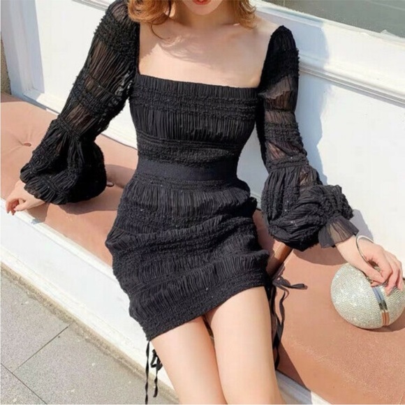 NEW Self-Portrait Shirred Chiffon Dress Black 6 - Picture 6 of 17